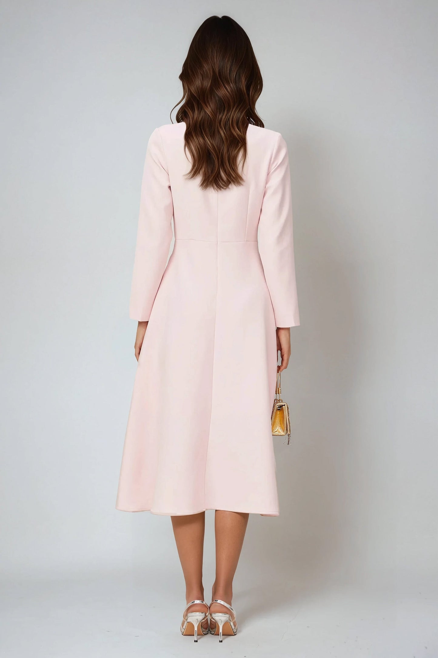 Long-Sleeve Midi Dress with Bow Details and Keyhole Neckline - Pink