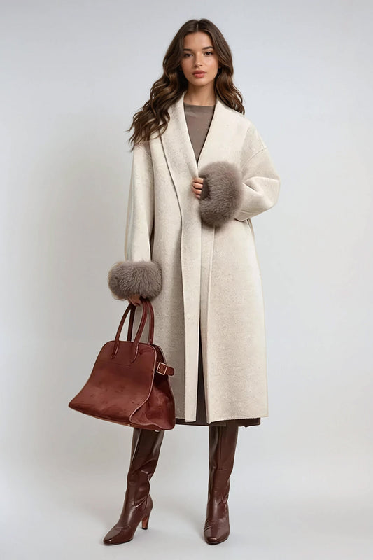 Belted Wrap Coat with Fur Cuffs - Beige