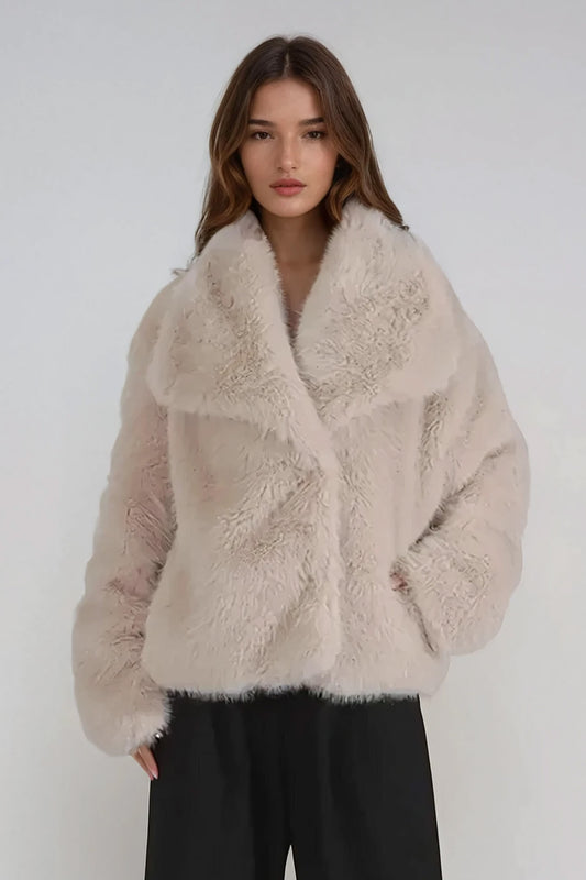 Double-Breasted Faux Fur Coat - Beige