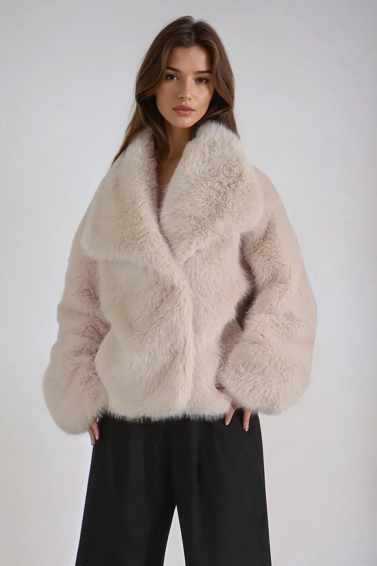 Double-Breasted Faux Fur Coat - Beige