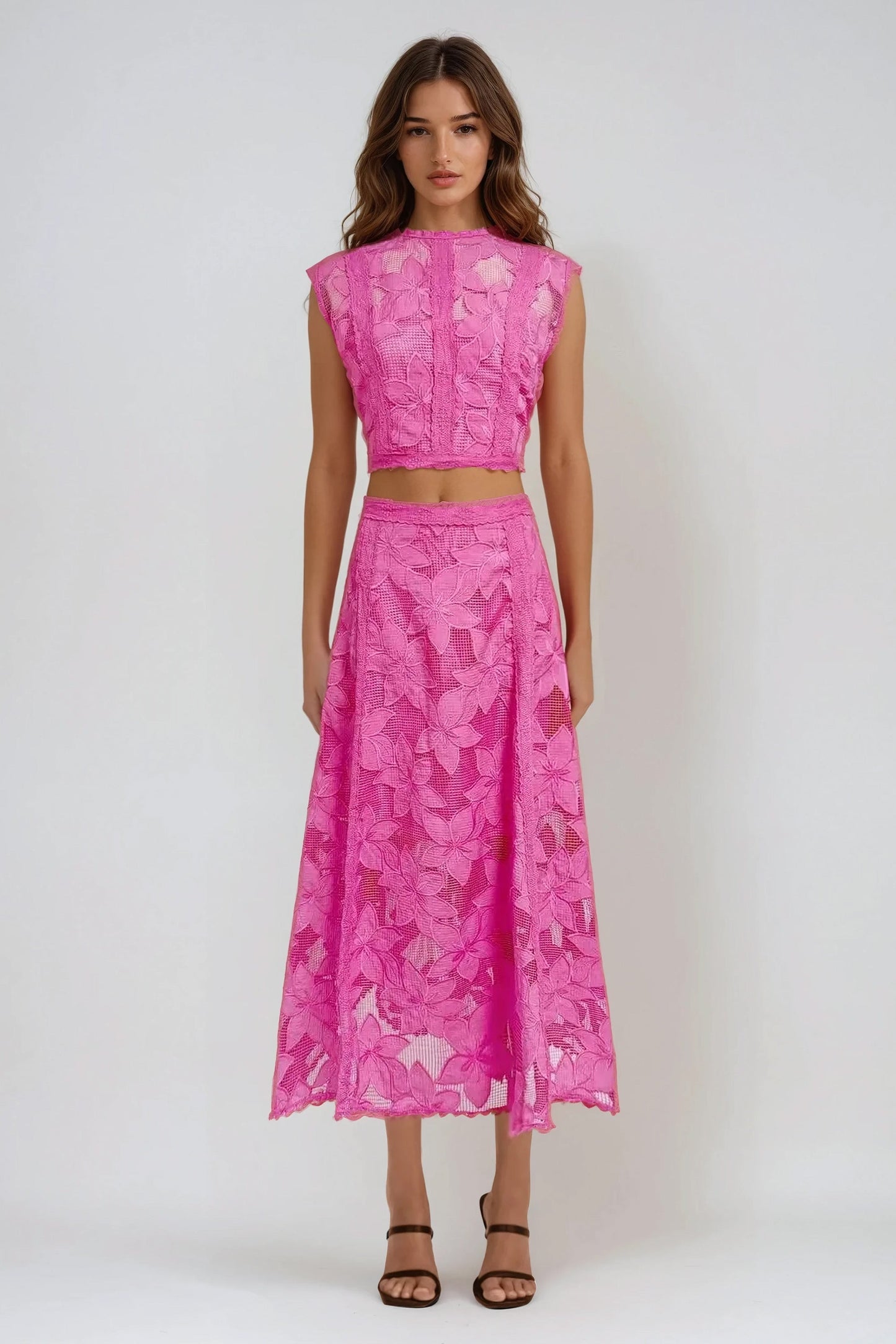 Two-Piece Set with Sleeveless Lace Crop Top and A-Line Midi Skirt - Pink