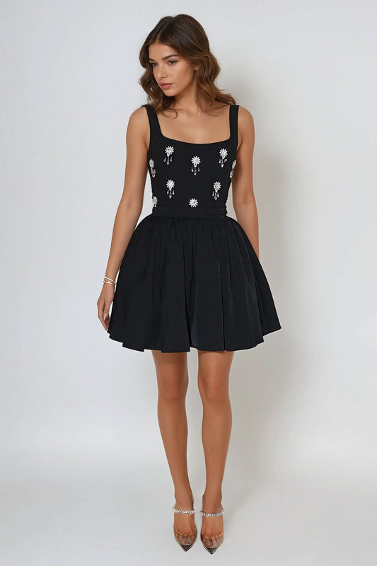 Two-Piece Set with Embellished Top and Pleated Skirt - Black