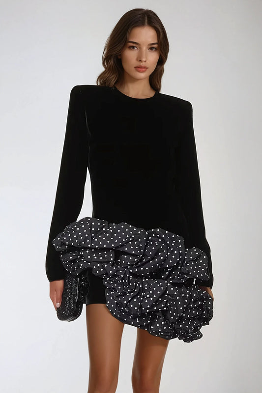 Velvet Mini Dress with Asymmetrical Polka Dot Ruffle Detail - Black