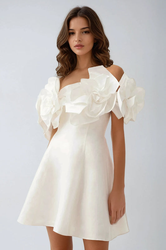 Off-Shoulder A-Line Mini Dress - White