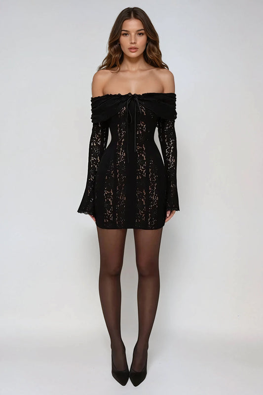 Off-Shoulder Lace Mini Dress - Black