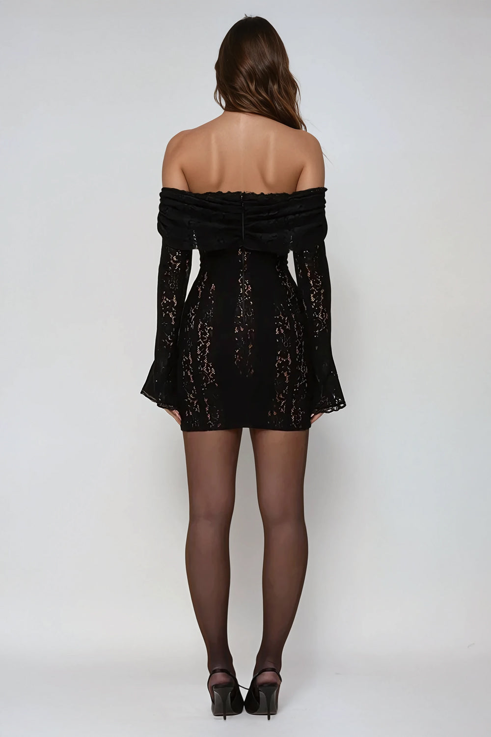Off-Shoulder Lace Mini Dress - Black