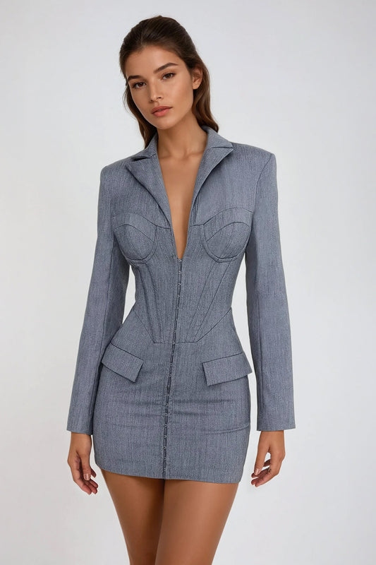 Structured Mini Dress with Corset Detail and Long Sleeves - Gray