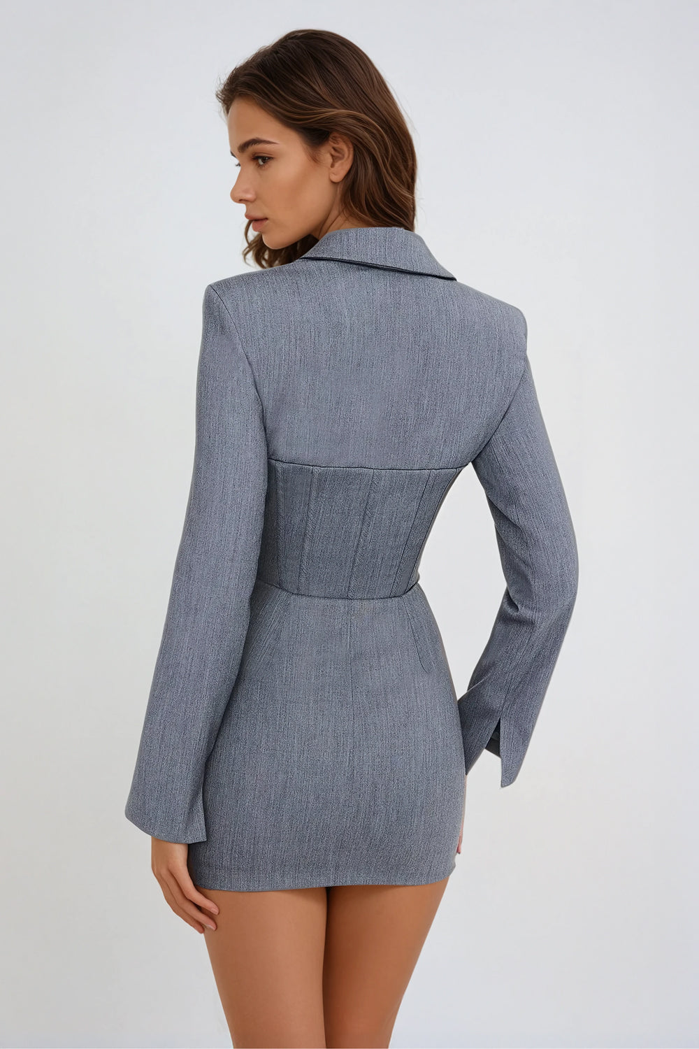Structured Mini Dress with Corset Detail and Long Sleeves - Gray
