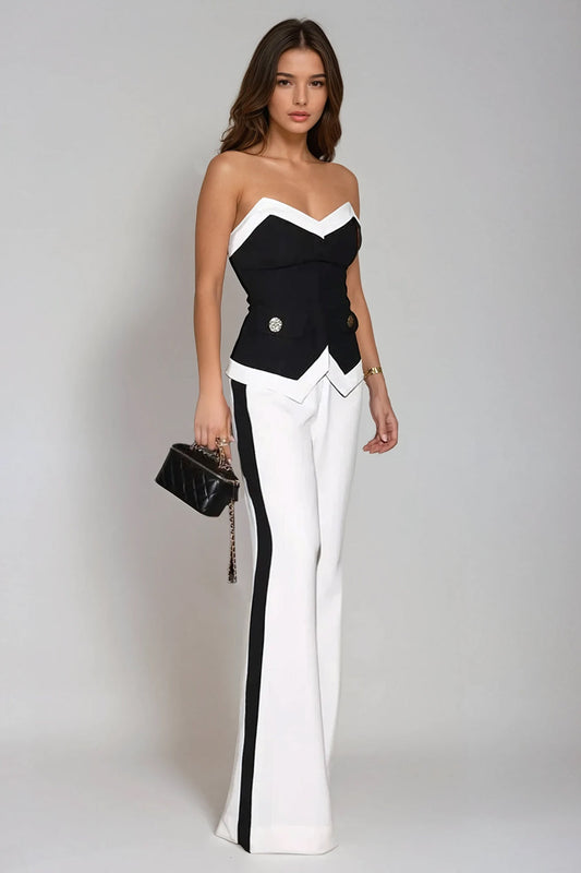 Two-Piece Set with Strapless Top and Wide-Leg Trousers - Black