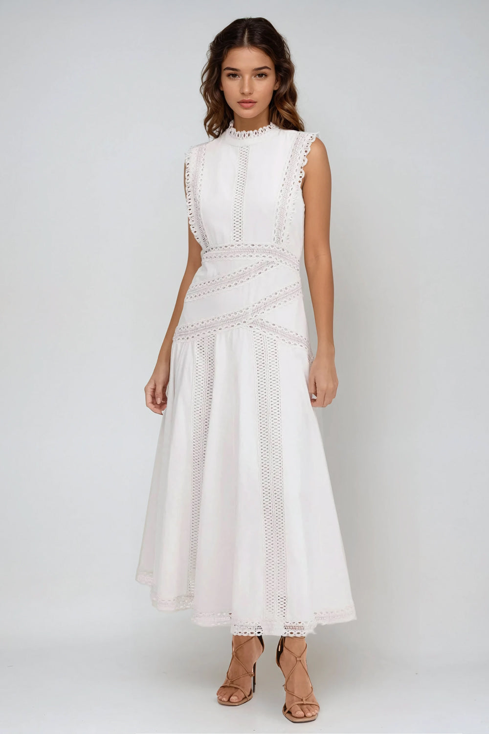 Sleeveless Midi Dress with Lace Panels - White
