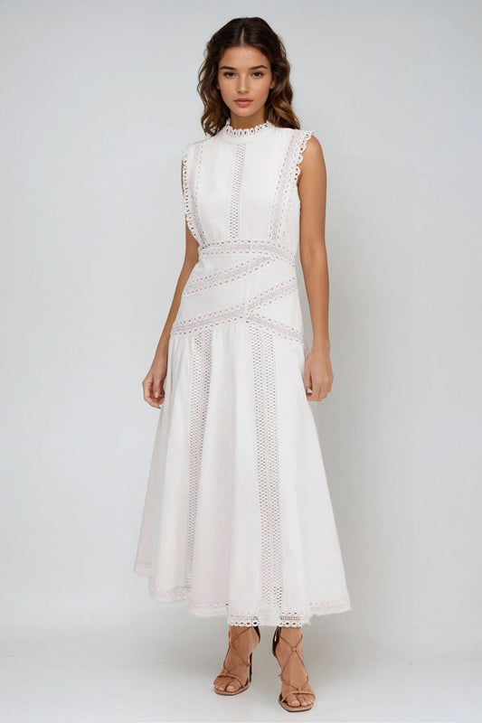 Sleeveless Midi Dress with Lace Panels - White