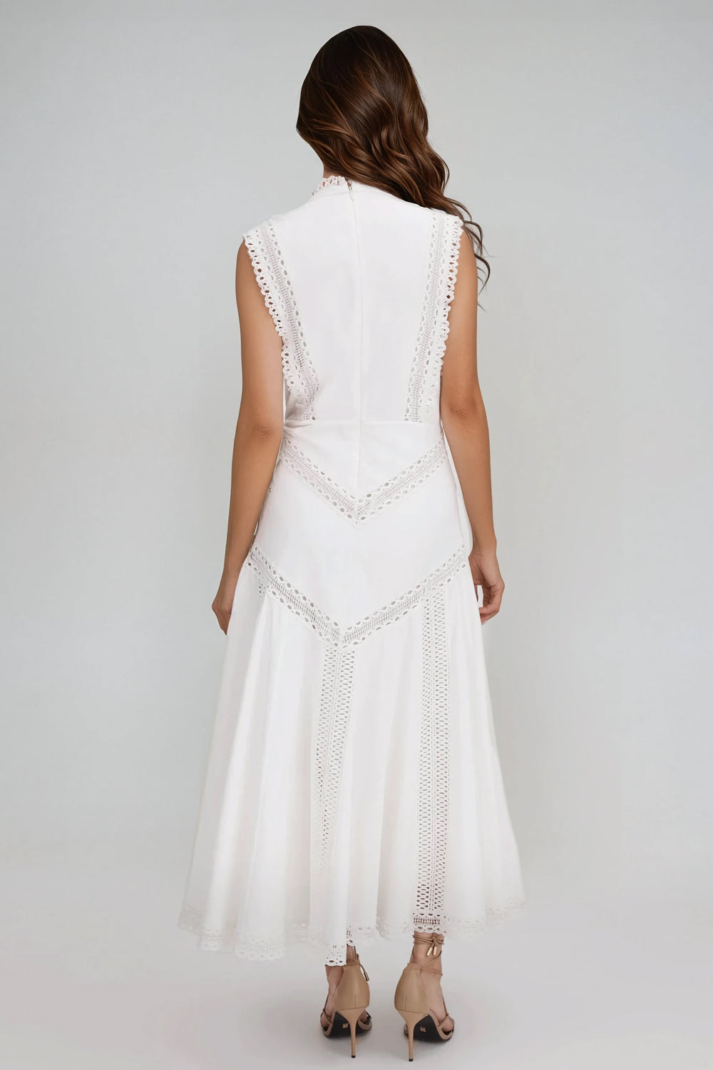 Sleeveless Midi Dress with Lace Panels - White