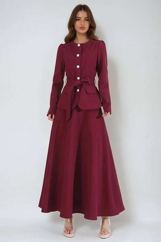 Two-Piece Set with Long Sleeve Buttoned Jacket and Flared Maxi Skirt - Red