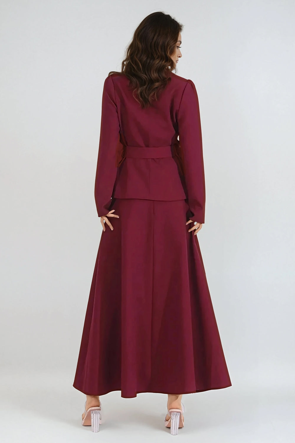 Two-Piece Set with Long Sleeve Buttoned Jacket and Flared Maxi Skirt - Red