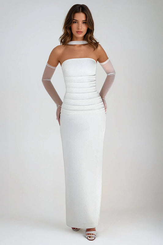 Strapless Maxi Dress with Sheer Details - White