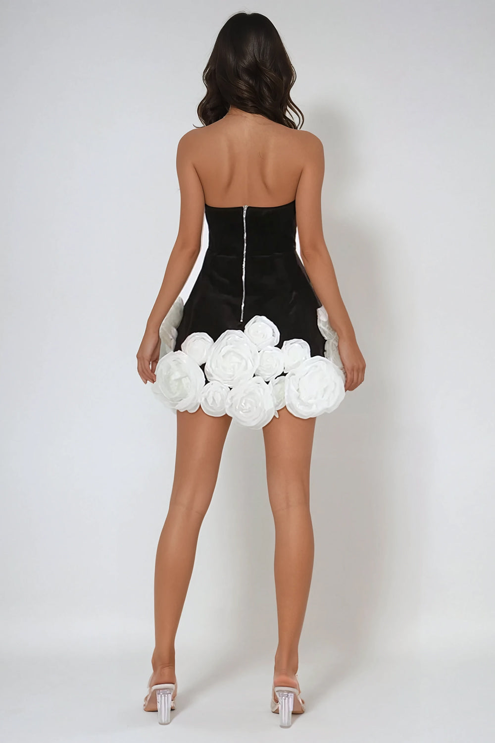 Strapless Mini Dress with 3D Floral Hem - Black