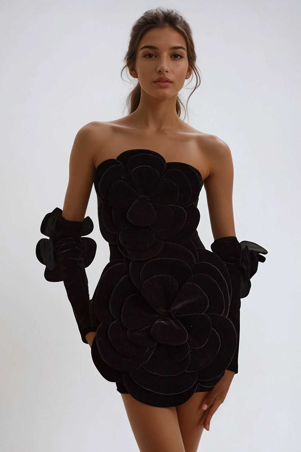 Strapless Mini Dress with Textured Floral Detailing - Black