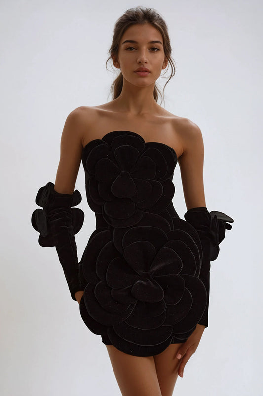 Strapless Mini Dress with Textured Floral Detailing - Black