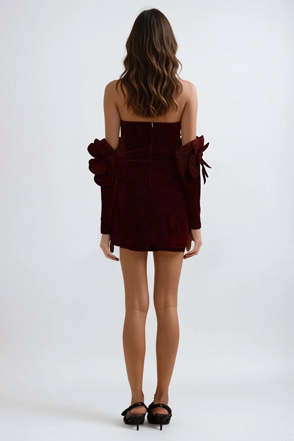 Strapless Mini Dress with Textured Floral Detailing - Red