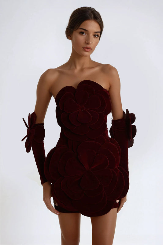 Strapless Mini Dress with Textured Floral Detailing - Red