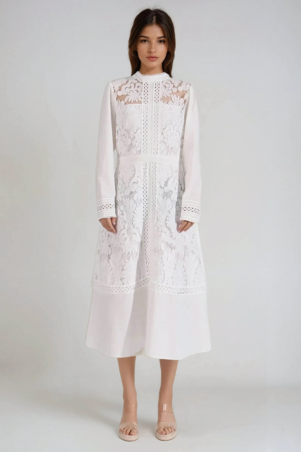 Long Sleeve Lace Panel Midi Dress - White