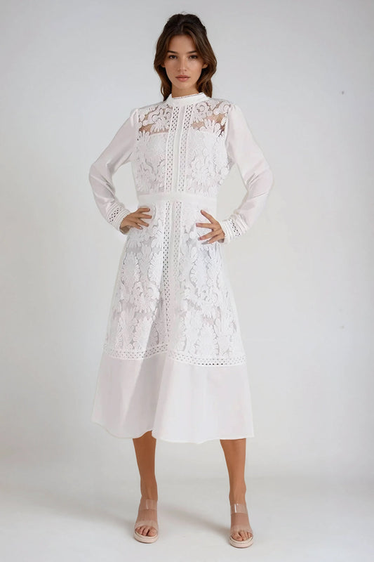 Long Sleeve Lace Panel Midi Dress - White