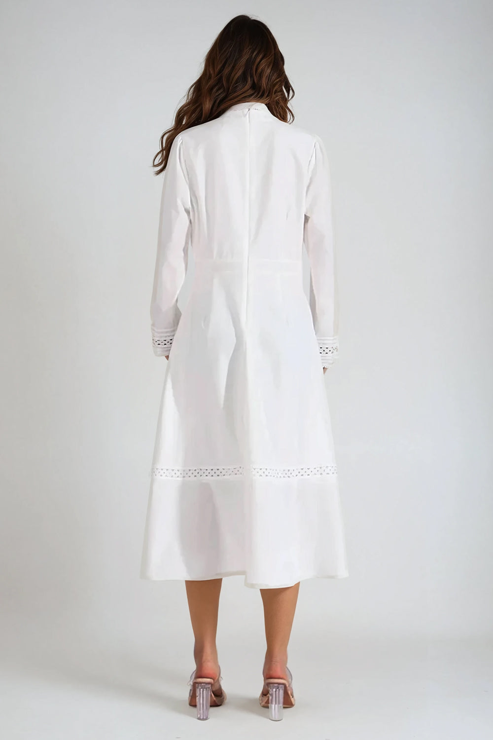 Long Sleeve Lace Panel Midi Dress - White