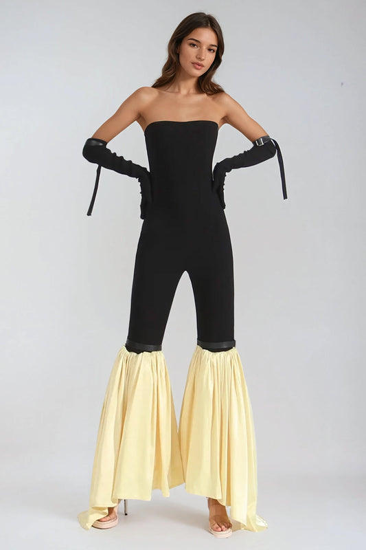 Strapless Jumpsuit with Flared Draped Hem - Black