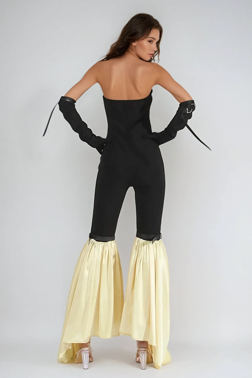 Strapless Jumpsuit with Flared Draped Hem - Black
