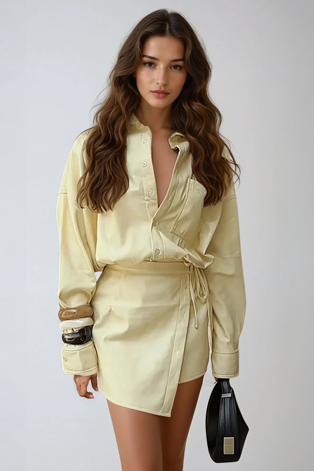 Two-Piece Set with Oversized Shirt and Wrap Skirt - Yellow
