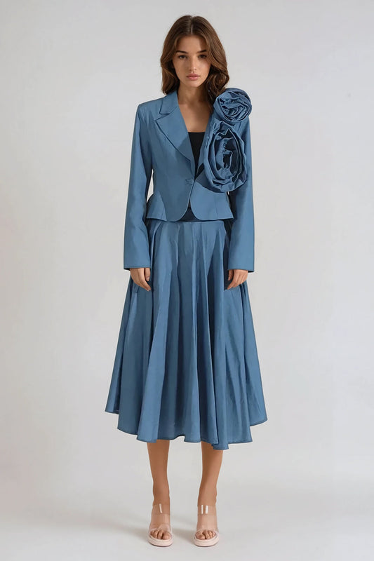 Two-Piece Set with Oversized 3D Floral Blazer and Midi Skirt - Blue