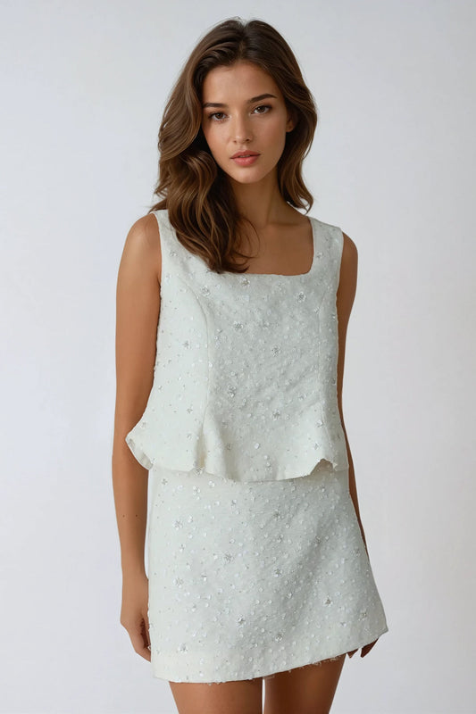 Two-Piece Set with Textured Top and Mini Skirt - White