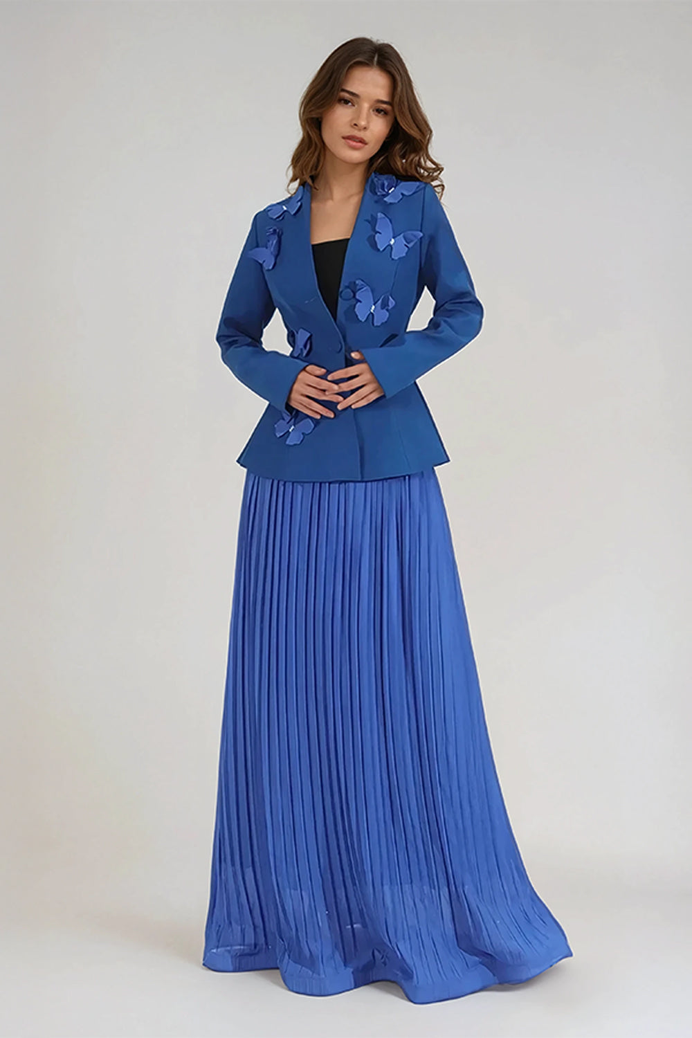 Two-Piece Set with Butterfly-Appliquéd Blazer and Pleated Maxi Skirt - Blue