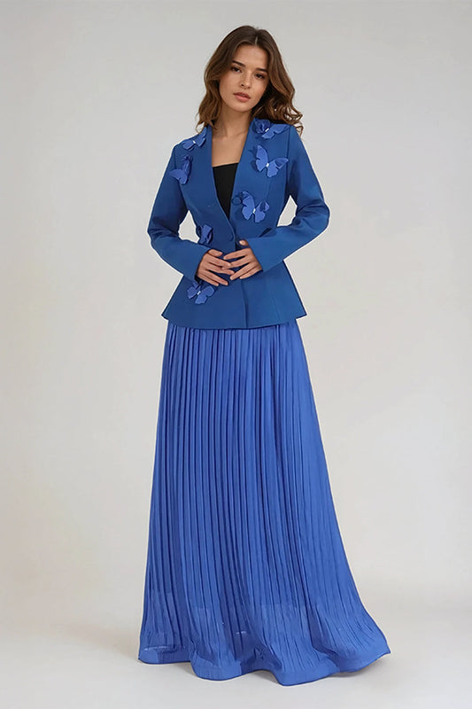 Two-Piece Set with Butterfly-Appliquéd Blazer and Pleated Maxi Skirt - Blue