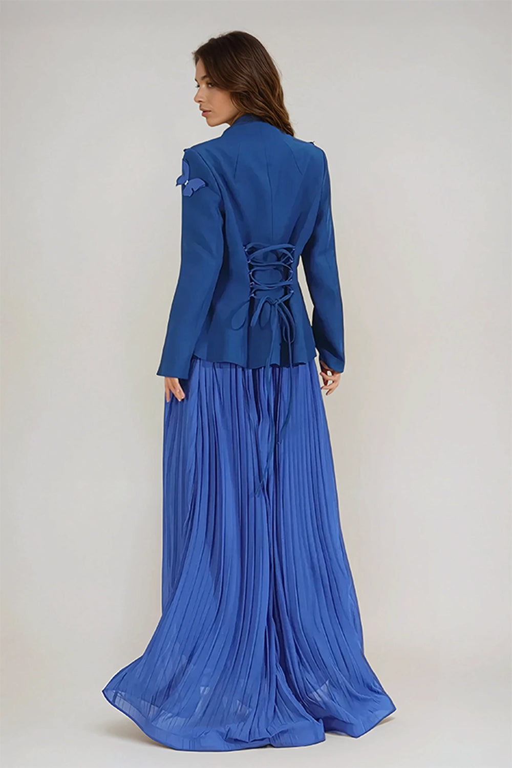 Two-Piece Set with Butterfly-Appliquéd Blazer and Pleated Maxi Skirt - Blue