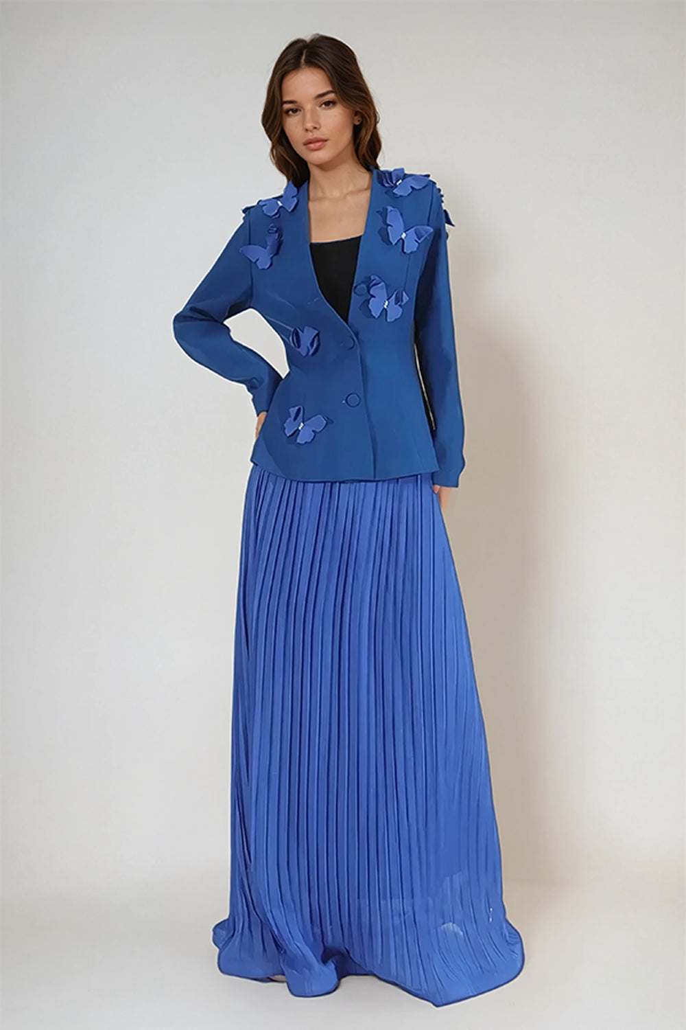 Two-Piece Set with Butterfly-Appliquéd Blazer and Pleated Maxi Skirt - Blue