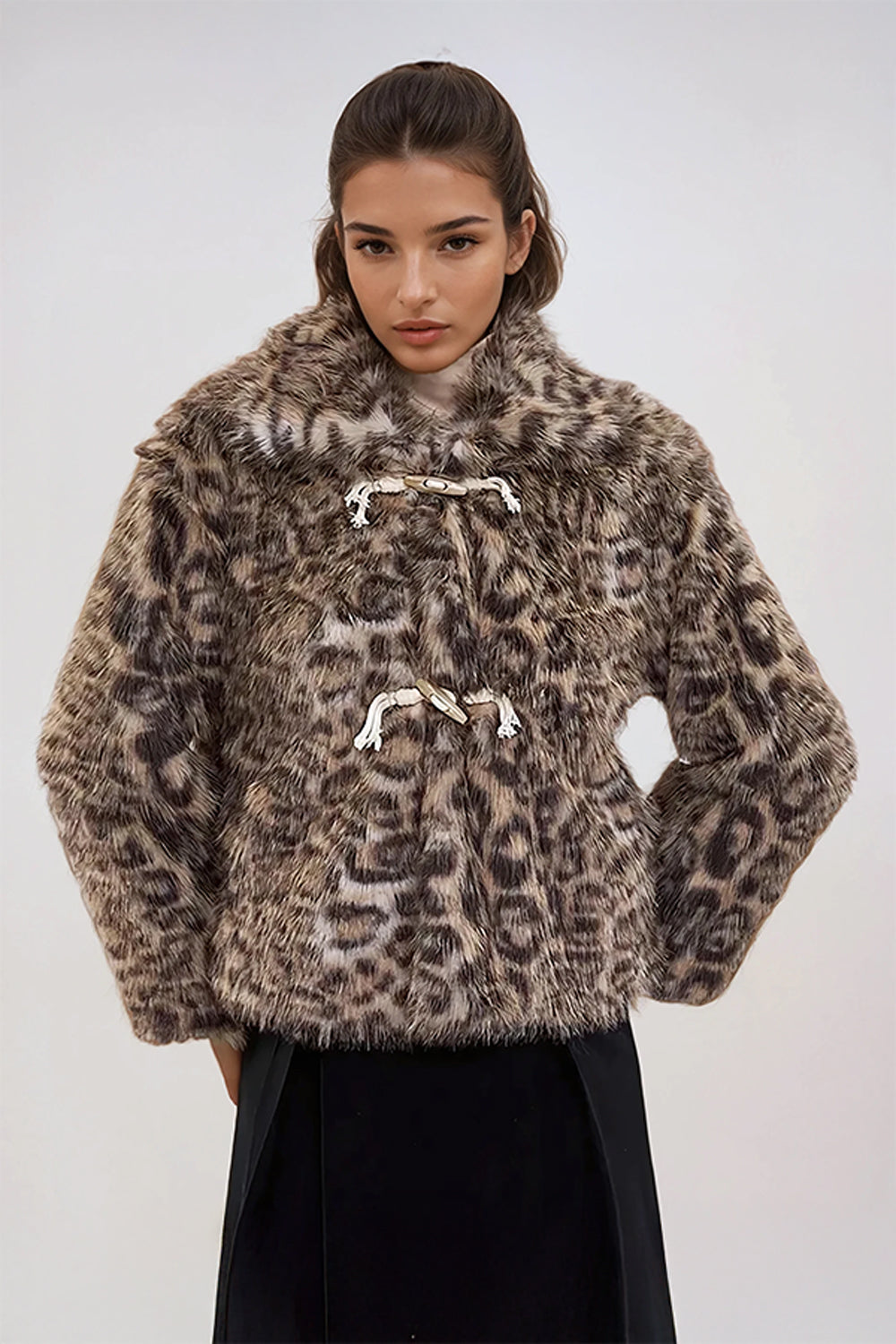 Long Sleeve Faux Fur Jacket with Toggle Closures - Brown