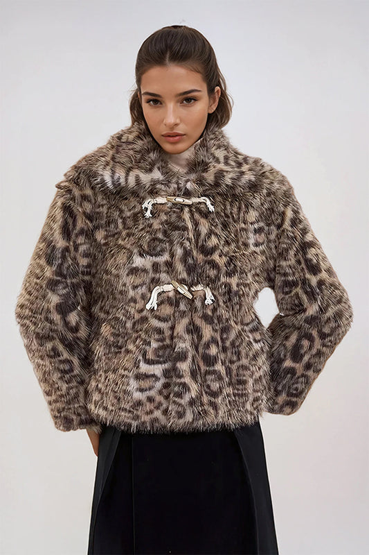 Long Sleeve Faux Fur Jacket with Toggle Closures - Brown