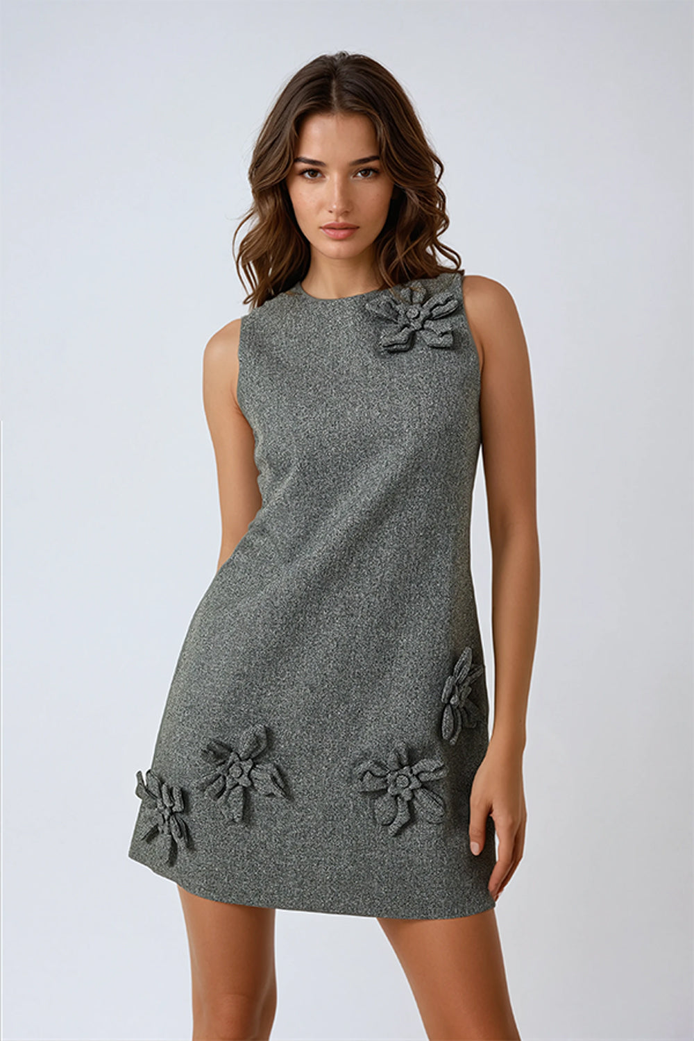 Sleeveless Mini Dress with 3D Floral Accents - Gray