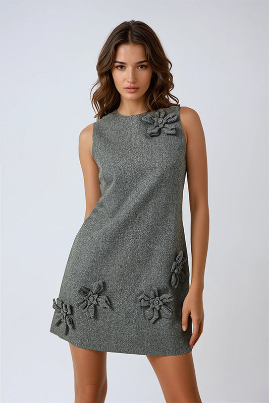 Sleeveless Mini Dress with 3D Floral Accents - Gray