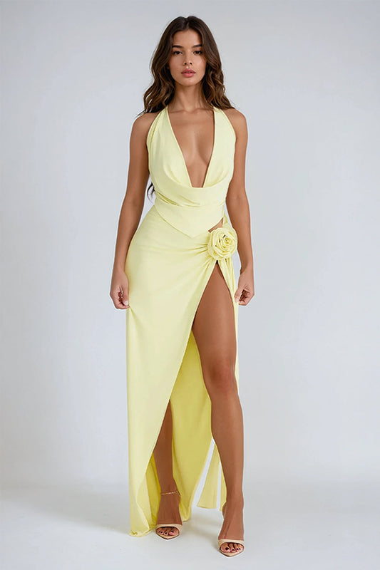 Two-Piece Set with Draped Halter Top and Maxi Skirt - Yellow