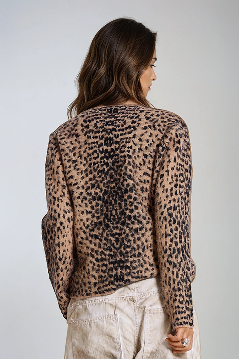 Open-Front Animal Print Cardigan - Brown