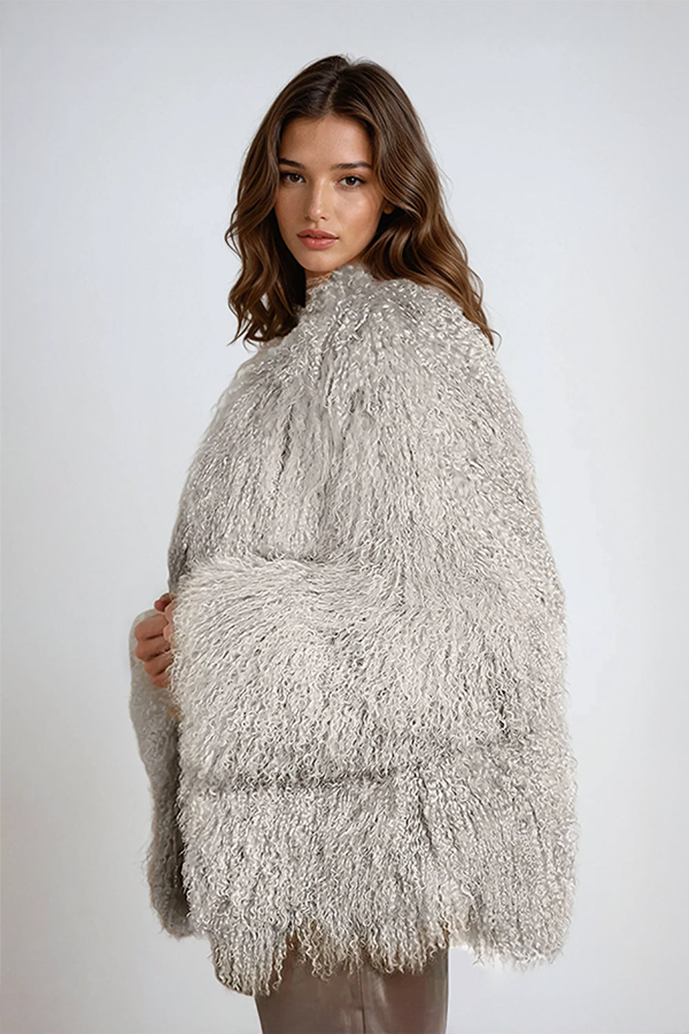 Oversized Shaggy Faux Fur Coat - Gray