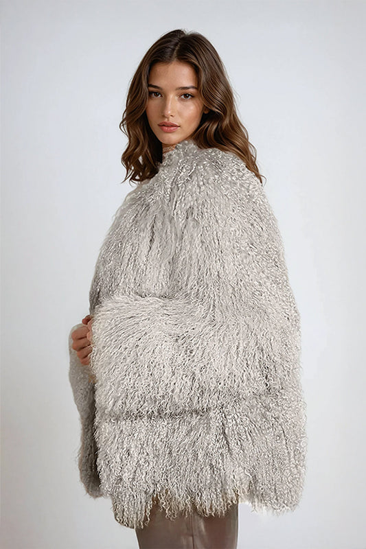 Oversized Shaggy Faux Fur Coat - Gray