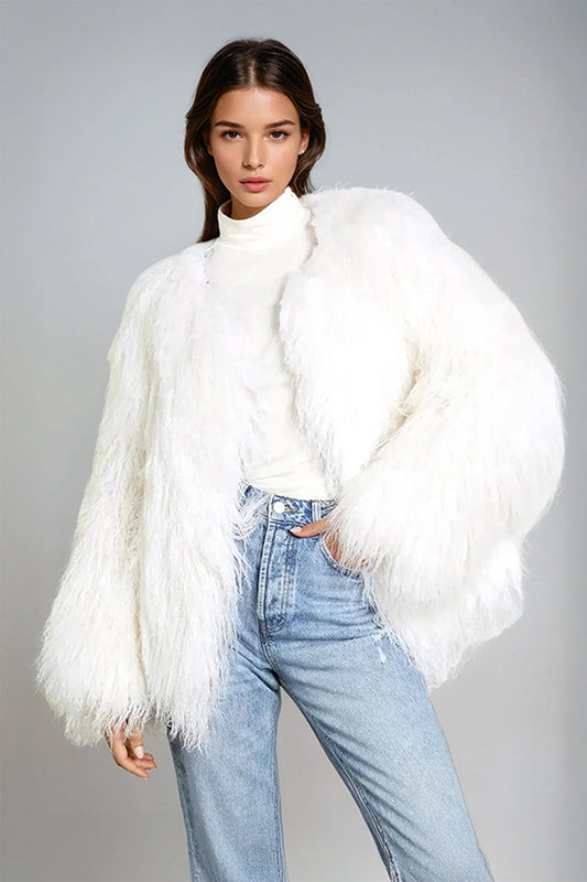 Oversized Shaggy Faux Fur Coat - White
