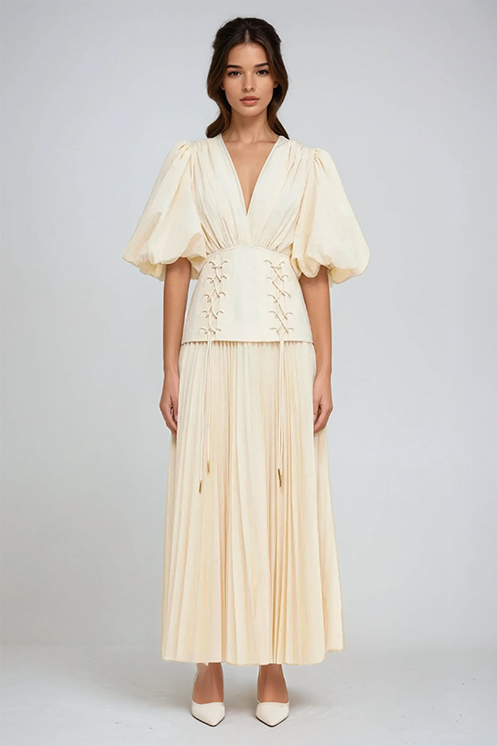 Maxi Dress with Puff Sleeves and Lace-Up Waist - White