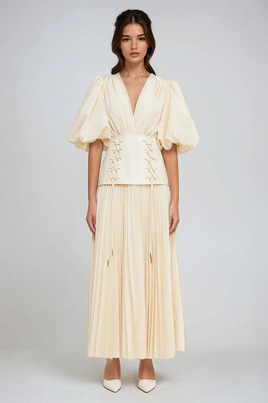 Maxi Dress with Puff Sleeves and Lace-Up Waist - White