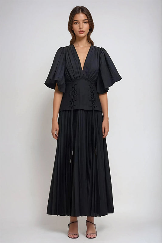 Maxi Dress with Puff Sleeves and Lace-Up Waist - Black