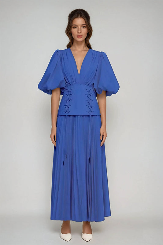 Maxi Dress with Puff Sleeves and Lace-Up Waist - Blue