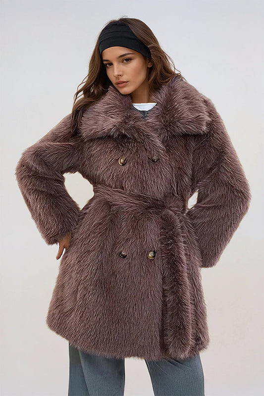 Double-Breasted Fur Coat - Brown